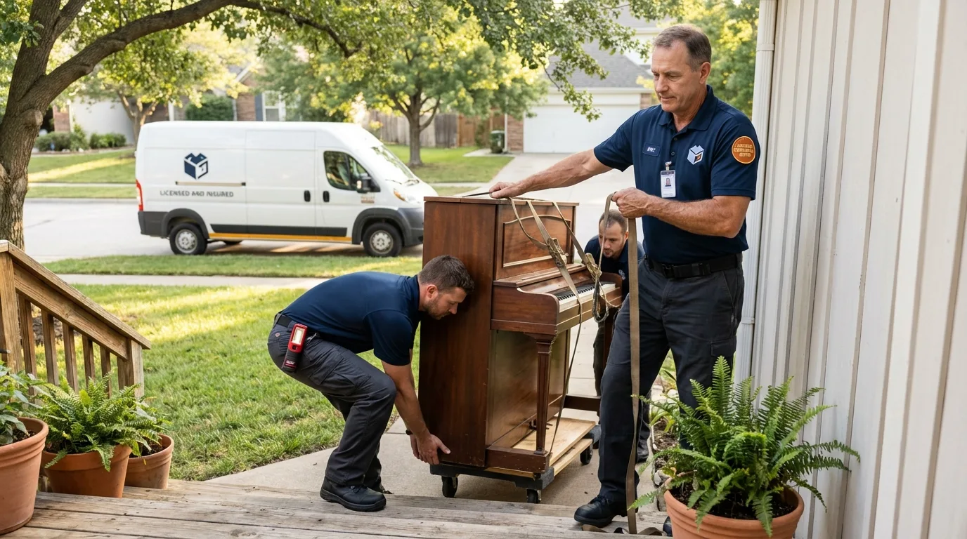 Licensed piano movers securing grand piano in Felton, DE