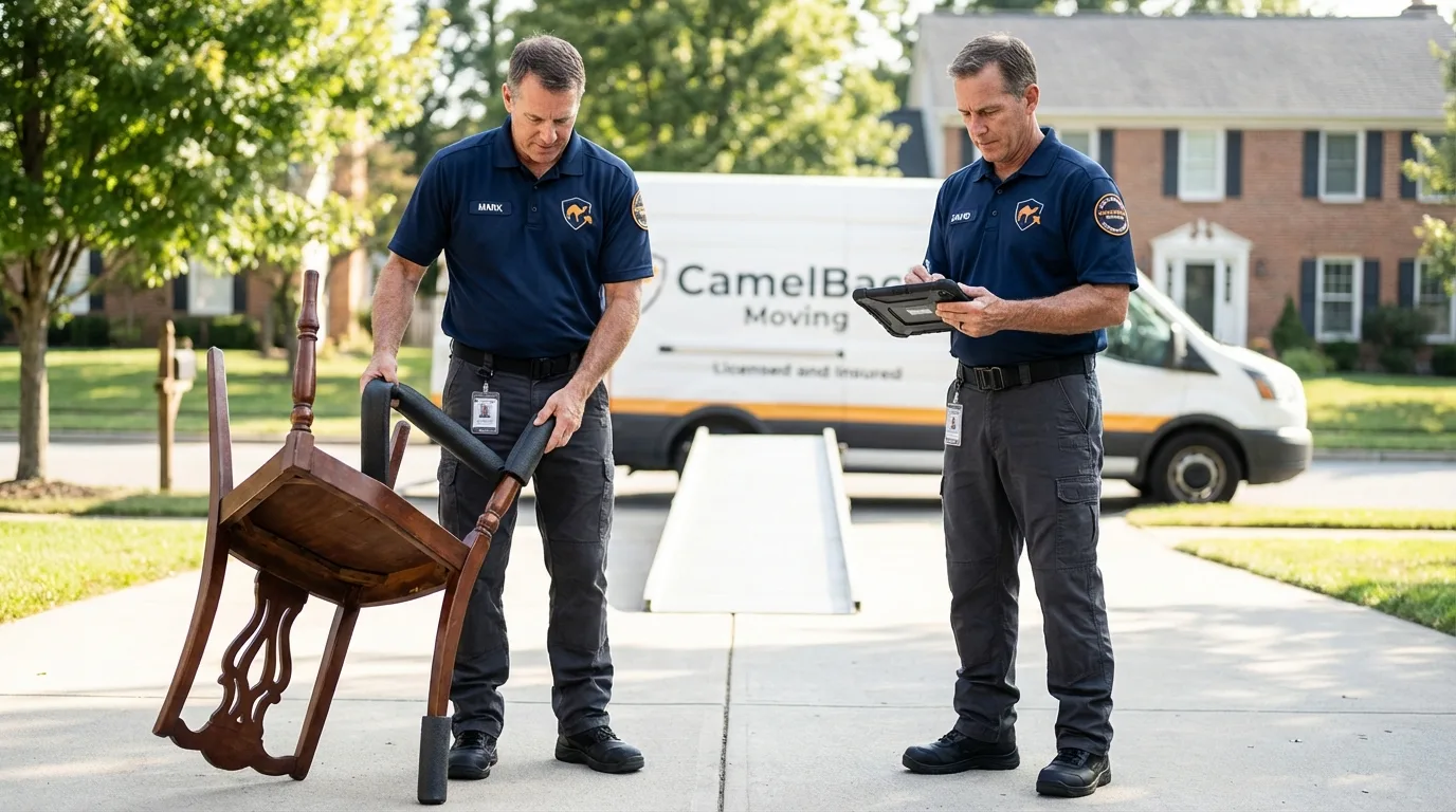Movers inspecting furniture for damage prevention before loading in Felton, DE