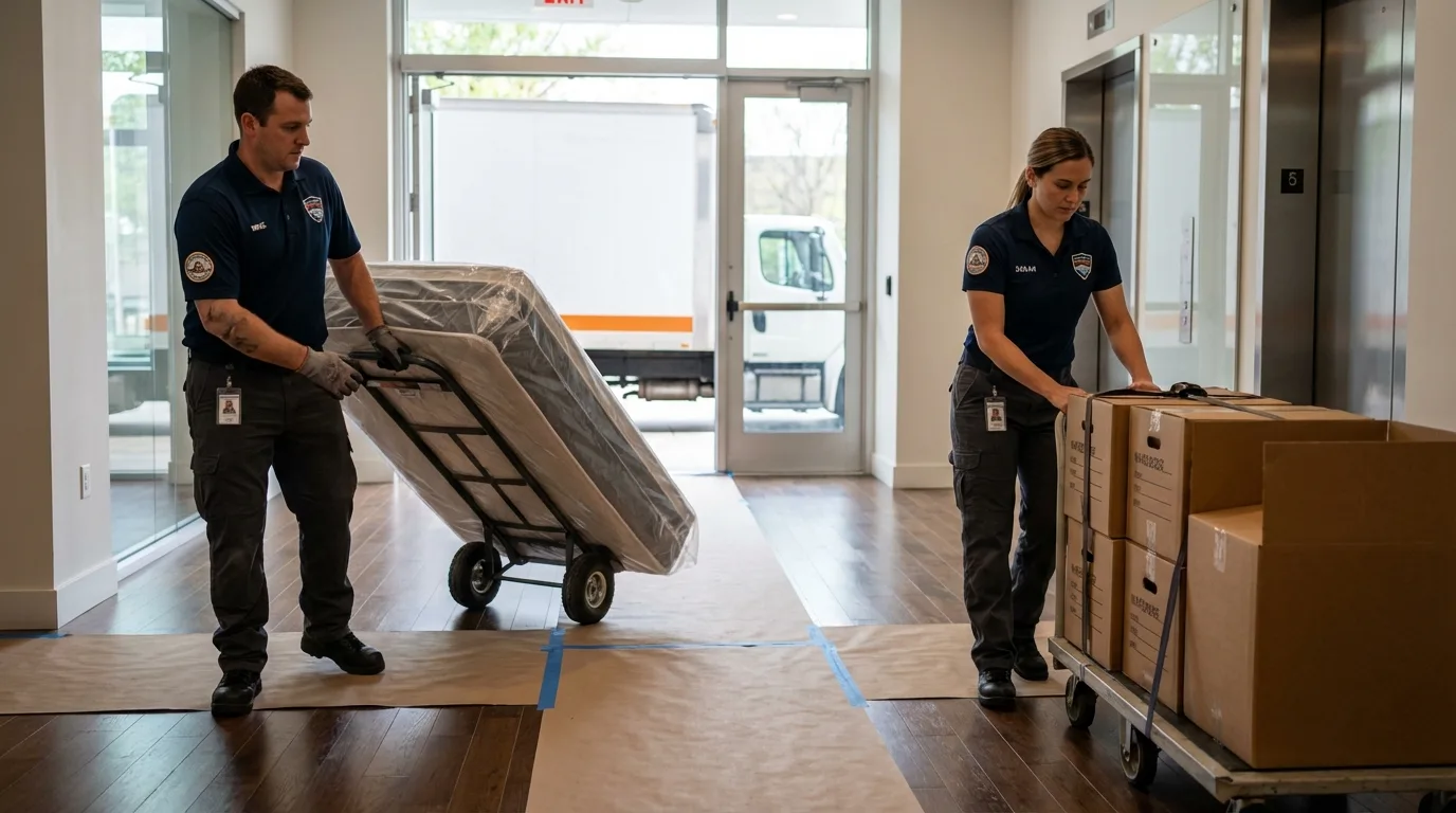 Professional apartment movers loading elevator in Felton, DE