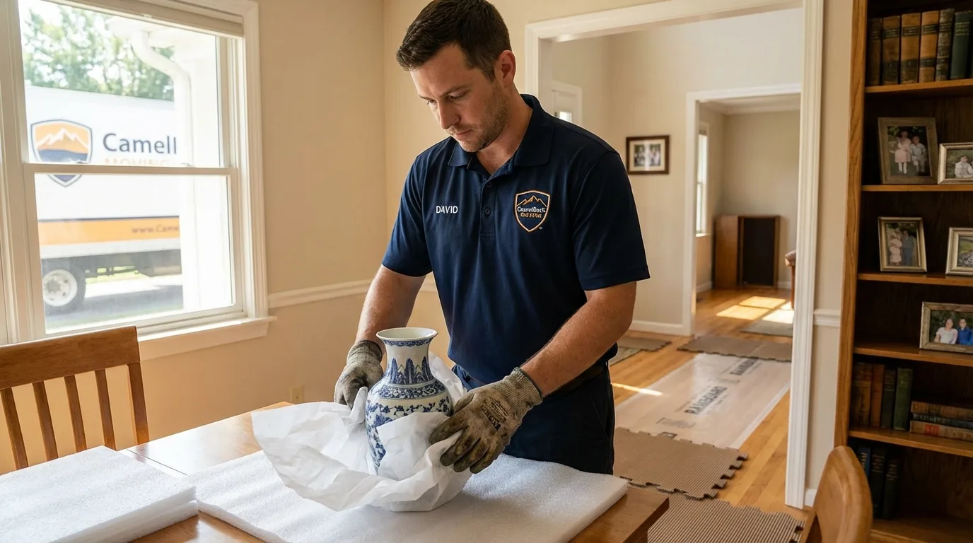 Professional crew carefully wrapping antique vase for senior downsizing move in Felton, DE
